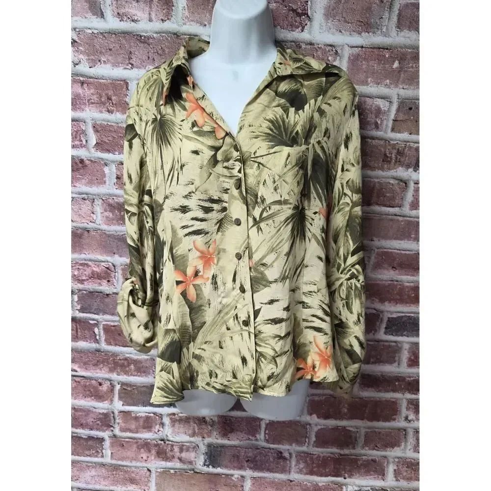 Women's JOSEPHINE CHAUS Tropical V Neck Button Up‎ Silk Shirt Size 14